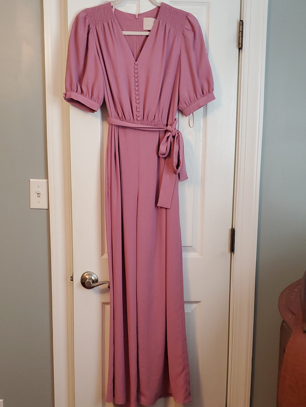 Gal Meets Glam Dusty Mauve Puff-Sleeve Jumpsuit with Tie Waist